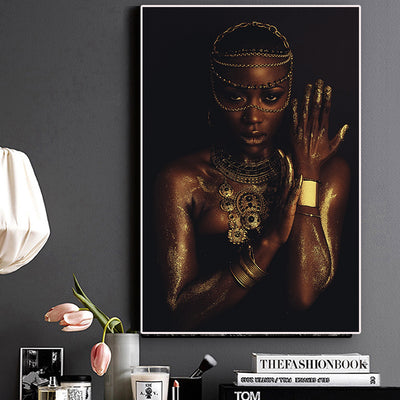 Modular Pictures Prints Poster Canvas Painting Black and Gold Nude African Woman With Necklace Wall Art Home Decoration Framed