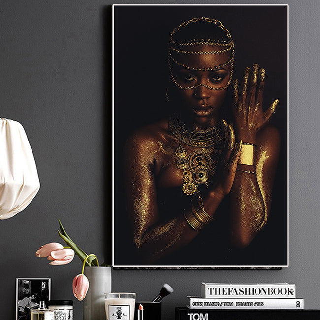 Modular Pictures Prints Poster Canvas Painting Black and Gold Nude African Woman With Necklace Wall Art Home Decoration Framed