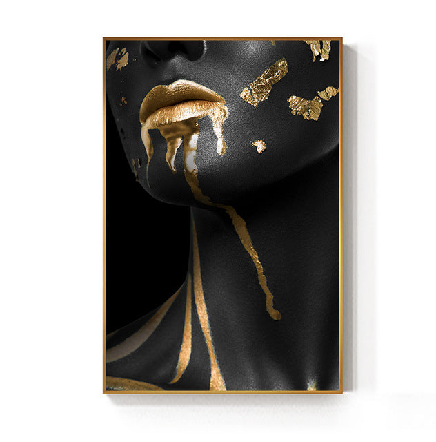 Beautiful Golden Black Lady Golden Canvas Painting Fashion Poster Print For Living Room HD Wall Art Ins Home Cuadros Decoracion