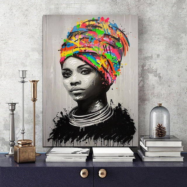 Abstract African Girl With Letters Wall Art Canvas Modern Pop Wall Graffiti Art Paintings Black Woman Cuadros Picture Home Decor
