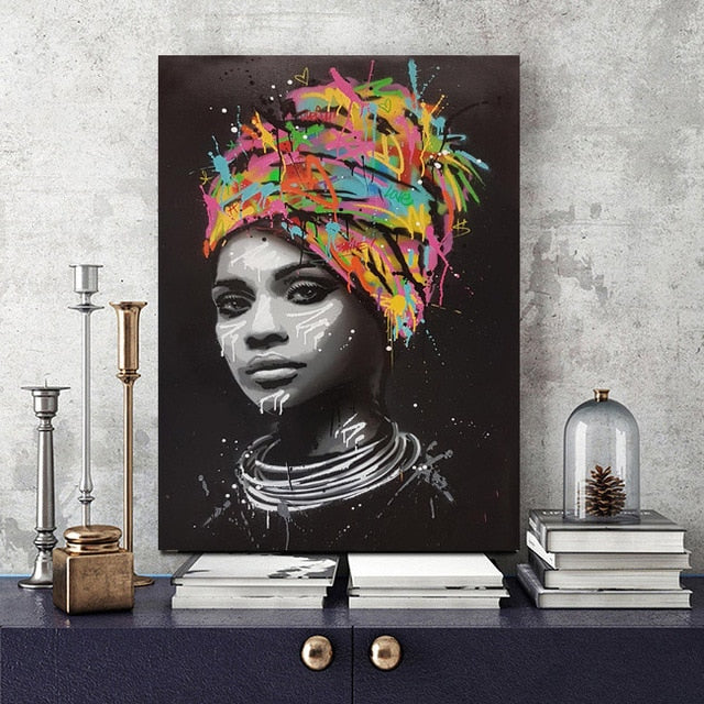 Abstract African Girl With Letters Wall Art Canvas Modern Pop Wall Graffiti Art Paintings Black Woman Cuadros Picture Home Decor