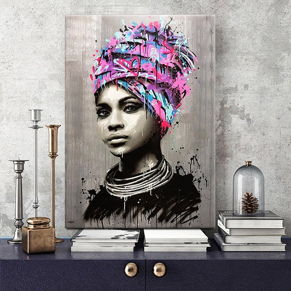 Abstract African Girl With Letters Wall Art Canvas Modern Pop Wall Graffiti Art Paintings Black Woman Cuadros Picture Home Decor