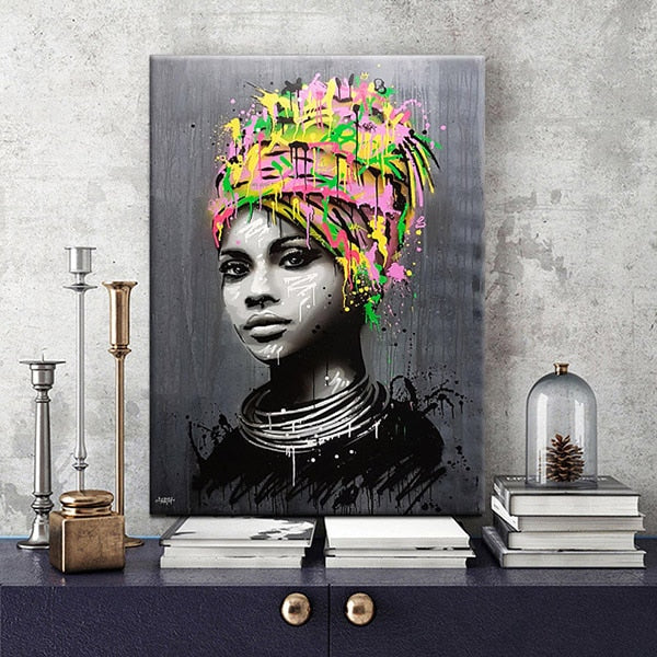 Abstract African Girl With Letters Wall Art Canvas Modern Pop Wall Graffiti Art Paintings Black Woman Cuadros Picture Home Decor