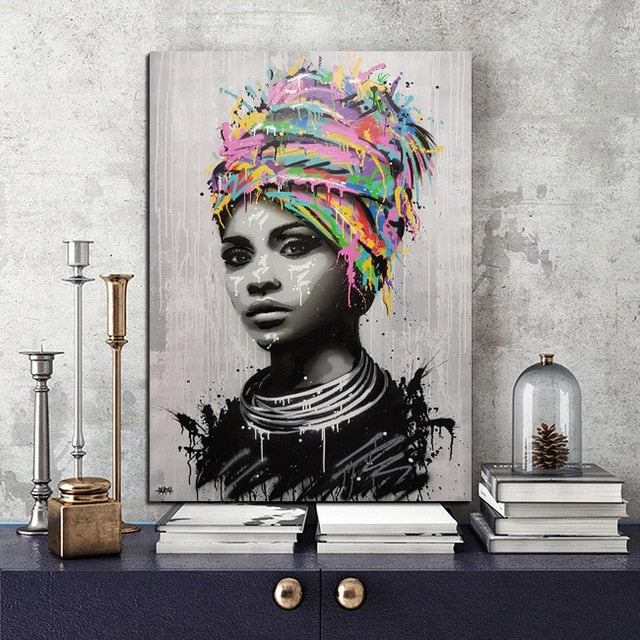Abstract African Girl With Letters Wall Art Canvas Modern Pop Wall Graffiti Art Paintings Black Woman Cuadros Picture Home Decor