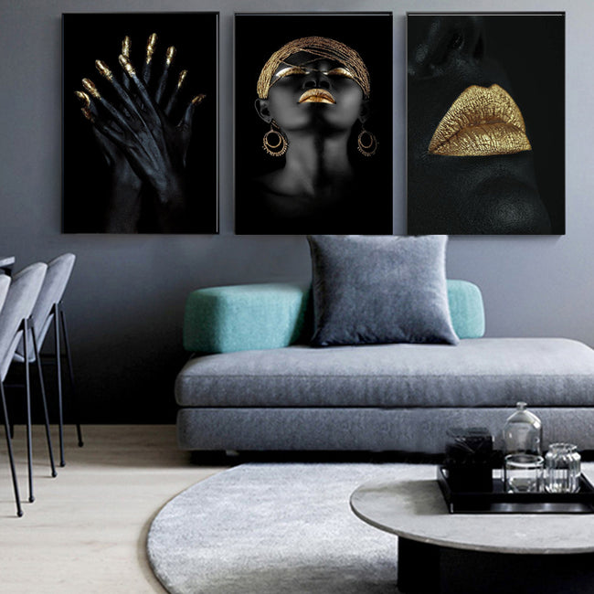 Modern Photo Pictures Black Sexy Girl Lips Gold Canvas Painting Wall Art For Living Room Home Decor Posters and Prints