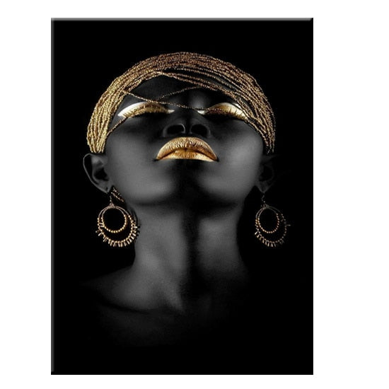 Modern Photo Pictures Black Sexy Girl Lips Gold Canvas Painting Wall Art For Living Room Home Decor Posters and Prints